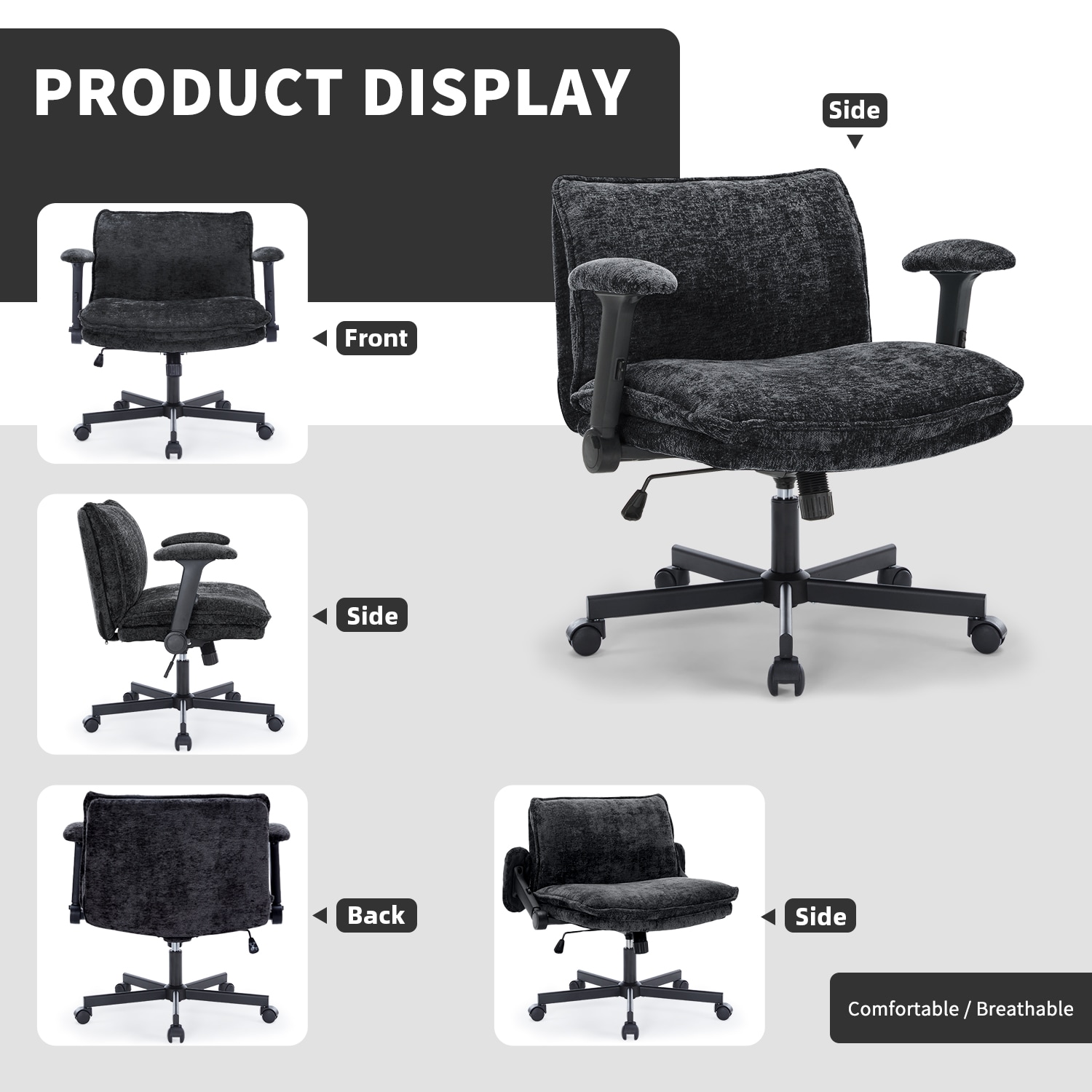FanciSpot Cross Legged Office Chair, Height Adjustable Swivel Desk Chair With Flip-Up Arms, Padded Criss Cross Chair For Home Office & Bedroom_maomaolike.com